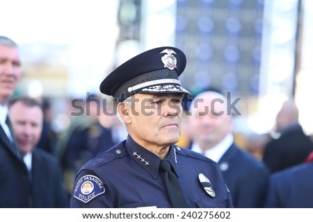 NEW YORK CITY - DECEMBER 27 2014: along with political leaders, uniformed police officers from all over north America attended funeral services for NYPD officer Rafael Ramos.Chief of South Pasadena PD