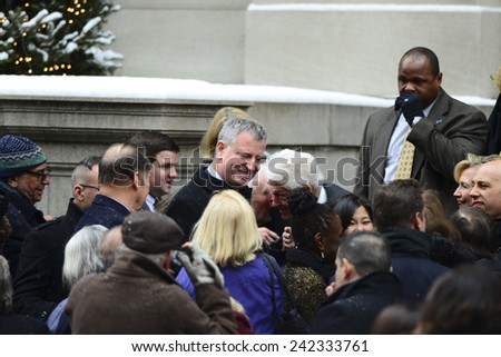 NEW YORK CITY - JANUARY 6 2015: funeral services were held for former New York governor Mario Cuomo at St. Ignatius Loyola Church on Manhattan\'s Upper East Side. Mayor Bill De Blasio arrives at church