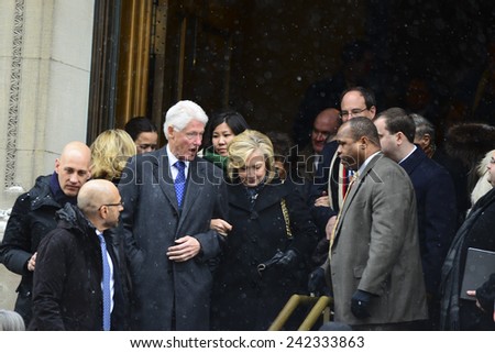 NEW YORK CITY - JANUARY 6 2015: funeral services were held for former New York governor Mario Cuomo at St. Ignatius Loyola Church on Manhattan\'s Upper East Side. Bill & Hillary Rodham Clinton