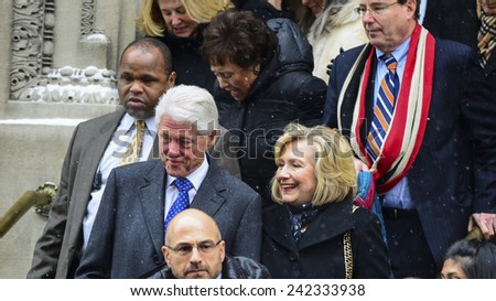 NEW YORK CITY - JANUARY 6 2015: funeral services were held for former New York governor Mario Cuomo at St. Ignatius Loyola Church on Manhattan\'s Upper East Side. Bill & Hillary Clinton,