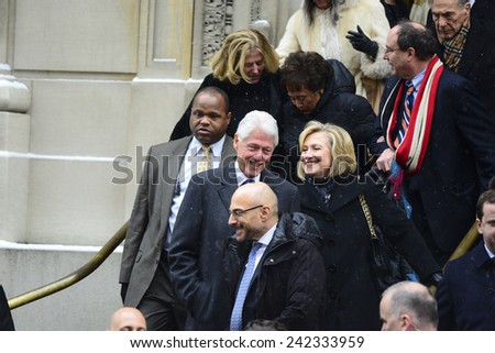 NEW YORK CITY - JANUARY 6 2015: funeral services were held for former New York governor Mario Cuomo at St. Ignatius Loyola Church on Manhattan's Upper East Side. Bill & Hillary Rodham Clinton