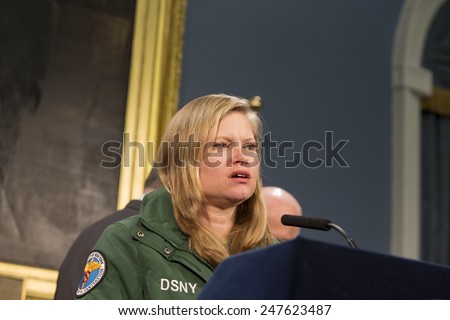 NEW YORK CITY - JANUARY 27 2015: Mayor Bill De Blasio joined with several of municipal commissioners to hold a press conference at City Hall updating on aftermath of winter storm Juno. Kathryn Garcia