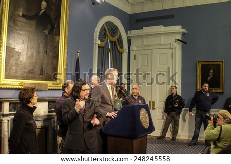 NEW YORK CITY - JANUARY 27 2015: deaf sign language interpreter Jonathan Lamberton emerged as a star on social media while translating for Mayor De Blasio during several Juno-related press conferences