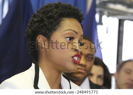 NEW YORK CITY - JANUARY 30 2015: Mayor De Blasio conducted a tour of & held a press conference at Van Dyke House to announce a new director of the Young Men\'s Initiative. Office manager Sherema Jacobs