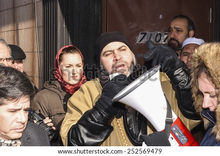 NEW YORK CITY - FEBRUARY 13 2015: Members of the Muslim community staged a vigil to call for justice in the killing of three Muslim Chapel Hill students. Zainab Khalid addresses rally