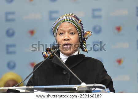 NEW YORK CITY - MARCH 8 2015: United Nations International Women\'s Day was marked with a rally in Dag Hammarskjold Plaza & march to Times Square. Phumzile Mlambo-Ngcuka, executive director of UN women