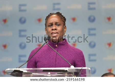 NEW YORK CITY - MARCH 8 2015: United Nations International Women\'s Day was marked with a rally in Dag Hammarskjold Plaza & march to Times Square. NYC first lady Chirlane McCray