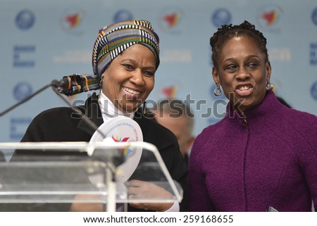 NEW YORK CITY - MARCH 8 2015: United Nations International Women\'s Day was marked with a rally in Dag Hammarskjold Plaza & march to Times Square. Phumzile Mlambo-Ngcuka & Chirlane McCray