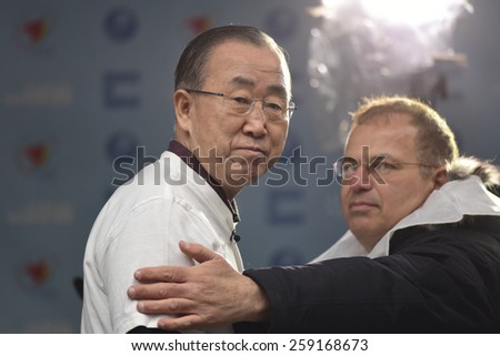NEW YORK CITY - MARCH 8 2015: United Nations International Women\'s Day was marked with a rally in Dag Hammarskjold Plaza & march to Times Square. UN Secretary General Ban Ki Moon