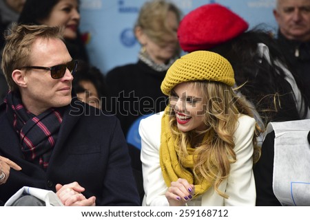 NEW YORK CITY - MARCH 8 2015: United Nations International Women\'s Day was marked with a rally in Dag Hammarskjold Plaza & march to Times Square. AnnaLynne McCord & Paul Bettany,