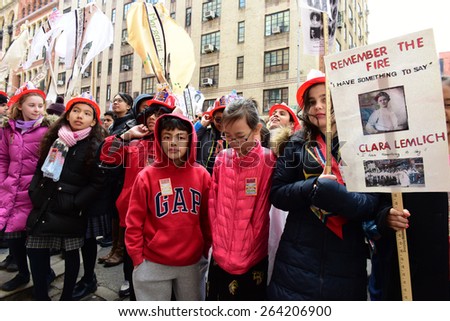 NEW YORK CITY - MARCH 25 2015: the 104th anniversary of the Triangle Shirtwaist Factory fire which killed 146 workers in 1911 was observed by the factory\'s former site.