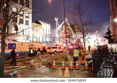 NEW YORK CITY - MARCH 26 2015: an explosion thought to be caused by a natural gas leak destroyed three brownstones along Seventh St & Second Av injuring 14 people & leaving two missing