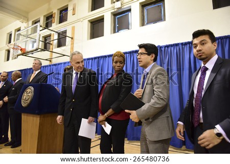 NEW YORK CITY - MARCH 31 2015: mayor Bill de Blasio & other elected officials held a press conference in Red Hook to announce a FEMA grant of 3 billion dollars to the NYCHA for infrastructure upgrades