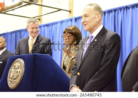 NEW YORK CITY - MARCH 31 2015: mayor Bill de Blasio & other elected officials held a press conference in Red Hook to announce a FEMA grant of 3 billion dollars to the NYCHA for infrastructure upgrades