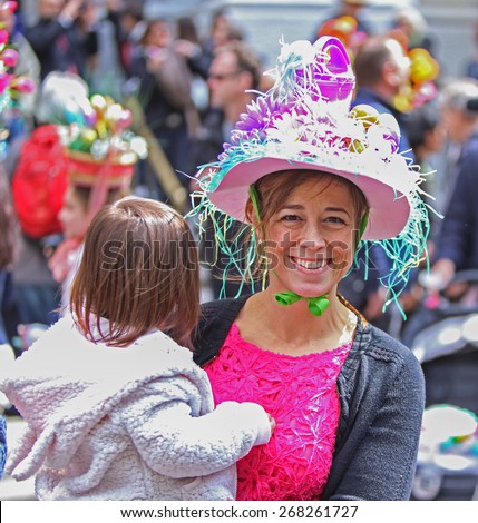 NEW YORK CITY - APRIL 5 2015: : thousands of New Yorkers filled 5th Avenue marking Easter Sunday with the tradition Easter Bonnet Parade, a tradition dating from the 1870s.