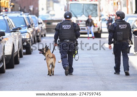 NEW YORK CITY - MAY 1 2015: NYPD emergency services, K9 & helicopter patrol search a closed off a block in Sunset Park, Brooklyn, for a robbery suspect. K9 officers in the street