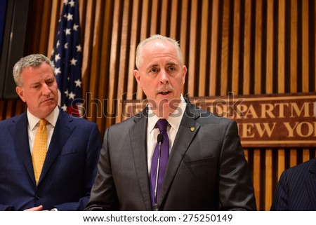 NEW YORK CITY - MAY 4 2015: mayor Bill de Blasio & commissioner William Bratton held a press conference to announce the death of officer Brian Moore & the upgrade of charge against Demetrius Blackwell