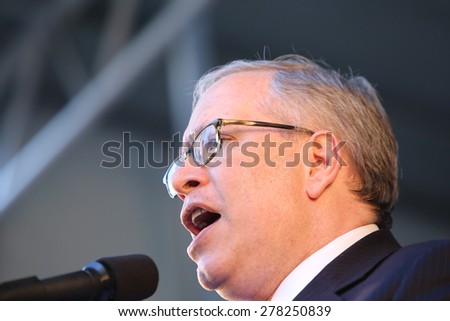 NEW YORK CITY - MAY 14 2015: several thousand tenants along with city council & state assembly members staged a march across the Brooklyn Bridge for affordable housing. Comptroller Scott Stringer