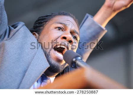 NEW YORK CITY - MAY 14 2015: several thousand tenants along with city council & state assembly members staged a march across the Brooklyn Bridge for affordable housing. Jumaane Williams,