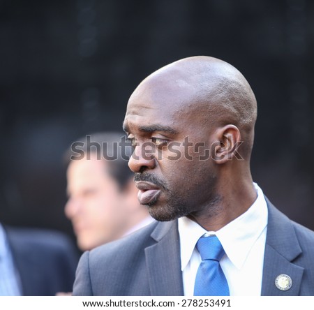 NEW YORK CITY - MAY 14 2015: several thousand tenants along with city council & state assembly members staged a march across the Brooklyn Bridge for affordable housing. Assembly man Michael Blake.