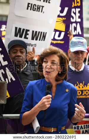 NEW YORK CITY - MAY 20 1015: union & labor activists gathered along Varick Street to urge the NY Wage Board on its first ever meeting to seek a $15 per hour minimum wage. Lt Gov Kathy Hochul