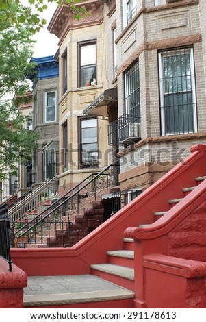 Brownstone Brooklyn series/view of Brooklyn neighborhood, brownstone homes with stairs & various types of railings