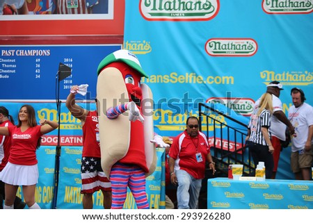 NEW YORK CITY - JULY 4 2015: Nathan\'s Famous staged their annual fourth of July hot dog eating contest in Coney Island, Brooklyn. Nathan\'s Famous mascot