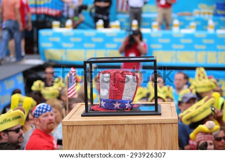 NEW YORK CITY - JULY 4 2015: Nathan\'s Famous staged their annual fourth of July hot dog eating contest in Coney Island, Brooklyn. The late Jimmy Mastrangelo \