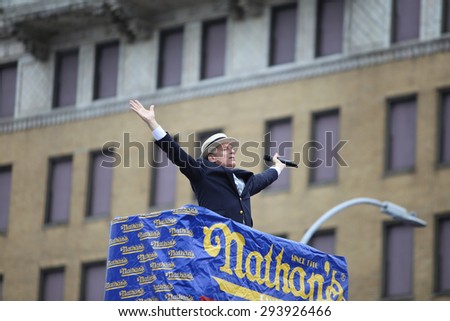 NEW YORK CITY - JULY 4 2015: Nathan\'s Famous staged their annual fourth of July hot dog eating contest in Coney Island, Brooklyn. Promoter & MC George Shea