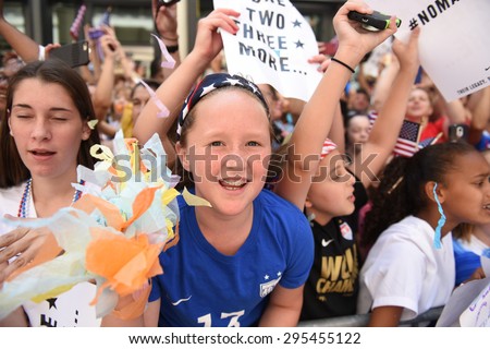 NEW YORK CITY - JULY 11 2015: a ticker tape parade was held for the champion US women\'s FIFA team along Canyon of Heroes on Broadway