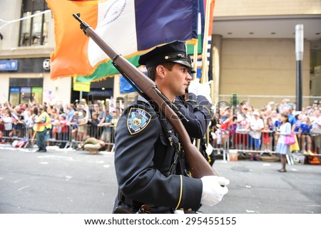 NEW YORK CITY - JULY 11 2015: a ticker tape parade was held for the champion US women\'s FIFA team along Canyon of Heroes on Broadway. NYPD color guard lead the parade