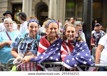 NEW YORK CITY - JULY 11 2015: a ticker tape parade was held for the champion US women\'s FIFA team along Canyon of Heroes on Broadway