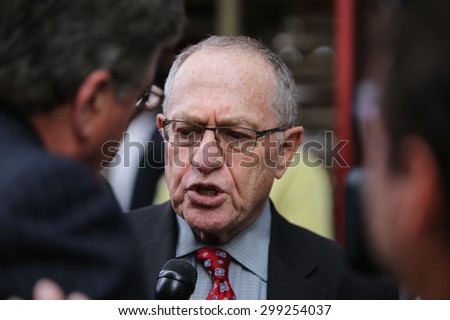 NEW YORK CITY - JULY 22 2015: thousands rallied in Times Square to oppose the President\'s proposed nuclear deal with Iran. Harvard Law professor Alan Dershowitz