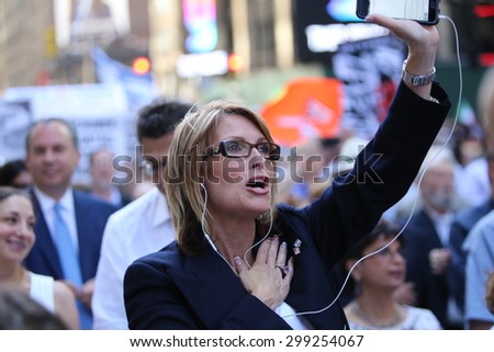 NEW YORK CITY - JULY 22 2015: thousands rallied in Times Square to oppose the President's proposed nuclear deal with Iran.