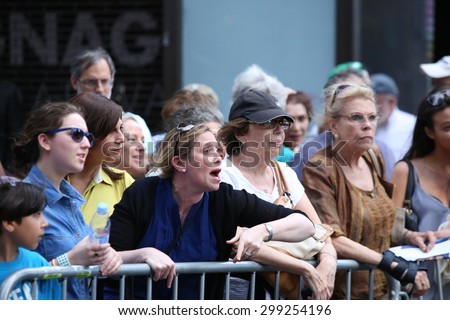 NEW YORK CITY - JULY 22 2015: thousands rallied in Times Square to oppose the President\'s proposed nuclear deal with Iran. Rally goers express their outrage at anti-Zionist Neturei Karta\'s presence