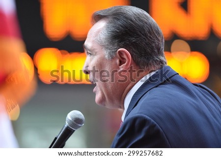 NEW YORK CITY - JULY 22 2015: thousands rallied in Times Square to oppose the President\'s proposed nuclear deal with Iran. Congressman Trent Franks of Arizona speaks