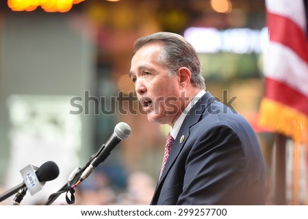 NEW YORK CITY - JULY 22 2015: thousands rallied in Times Square to oppose the President\'s proposed nuclear deal with Iran. Arizona Congressman Trent Franks