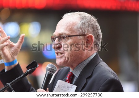 NEW YORK CITY - JULY 22 2015: thousands rallied in Times Square to oppose the President's proposed nuclear deal with Iran. Harvard Law professor Alan Dershowitz.