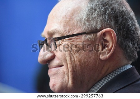 NEW YORK CITY - JULY 22 2015: thousands rallied in Times Square to oppose the President\'s proposed nuclear deal with Iran. Harvard Law professor Alan Dershowitz,