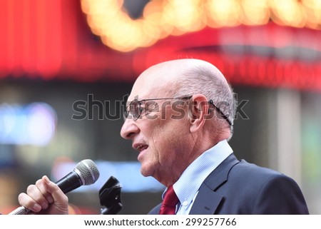 NEW YORK CITY - JULY 22 2015: thousands rallied in Times Square to oppose the President\'s proposed nuclear deal with Iran. Former CIA director James Woolsey