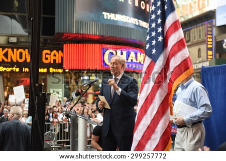 NEW YORK CITY - JULY 22 2015: thousands rallied in Times Square to oppose the President\'s proposed nuclear deal with Iran. Former NY governor George Pataki