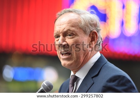NEW YORK CITY - JULY 22 2015: thousands rallied in Times Square to oppose the President's proposed nuclear deal with Iran. Former NY governor George Pataki