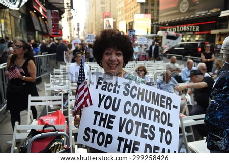 NEW YORK CITY - JULY 22 2015: thousands rallied in Times Square to oppose the President\'s proposed nuclear deal with Iran. Jan Fenster, Queens representative for Americans for a Safe Israel