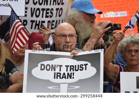 NEW YORK CITY - JULY 22 2015: thousands rallied in Times Square to oppose the President\'s proposed nuclear deal with Iran.