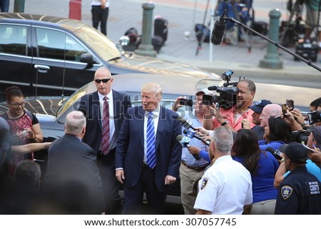 NEW YORK CITY - AUGUST 17 2015: Republican presidential nomination front runner Donald Trump arrived at 60 Centre Street for his stint at jury duty in Manhattan\'s supreme court.
