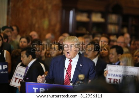 NEW YORK CITY - SEPTEMBER 3 2015: Republican presidential candidate Donald Trump announced he signed a pledge not to run as an independent candidate should he fail to win the party\'s 2016 nomination.