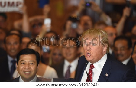 NEW YORK CITY - SEPTEMBER 3 2015: Republican candidate for president Donald Trump announced he had signed a pledge not to run as an independent candidate should he fail to win the 2016 nomination.