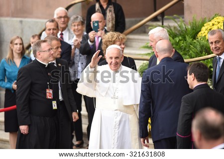 PHILADELPHIA, PA - SEPTEMBER 26 2015: Pope Francis celebrated mass at the Cathedral Basilica of Peter & Paul in downtown Philadelphia. Pope Francis in front of the cathedral