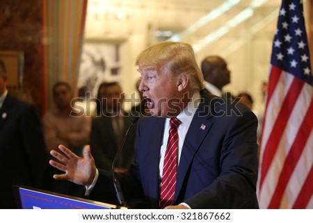 NEW YORK CITY - SEPTEMBER 28 2015: Businessman and presidential candidate Donald Trump held a press conference at Trump Tower to unveil his comprehensive tax reform plan.