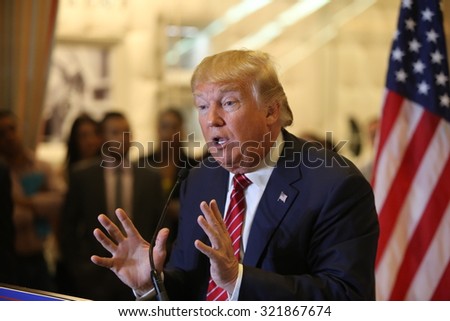 NEW YORK CITY - SEPTEMBER 28 2015: Businessman and presidential candidate Donald Trump held a press conference at Trump Tower to unveil his comprehensive tax reform plan.